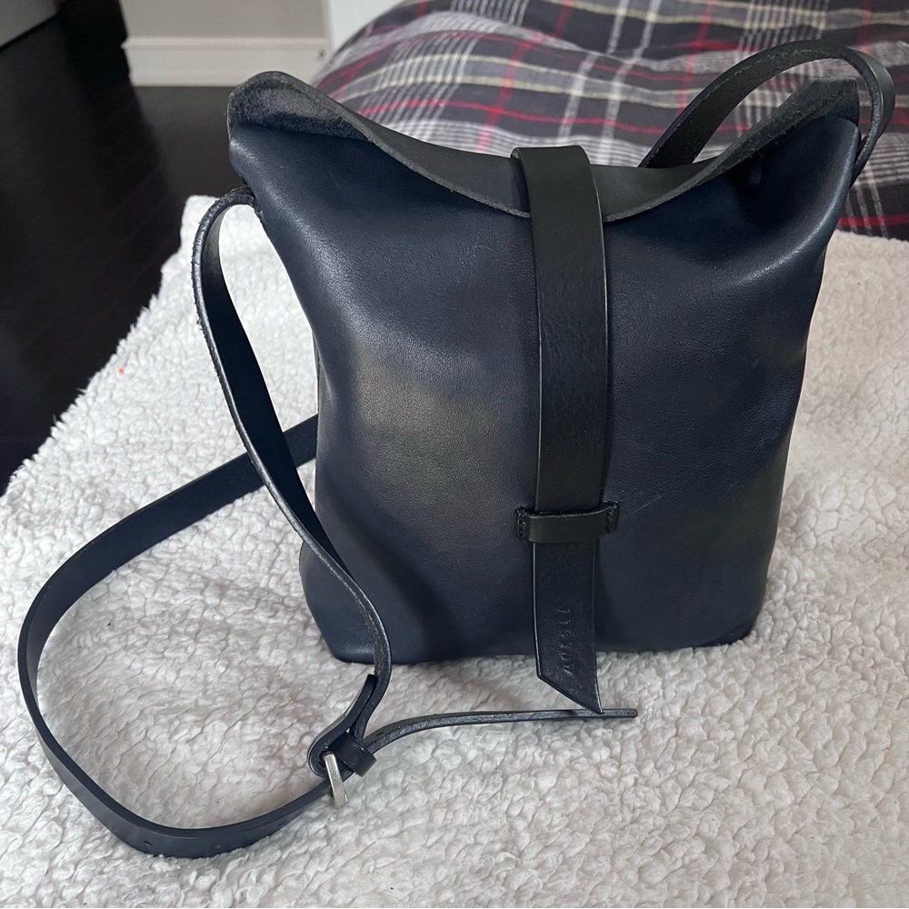 Jigsaw Dark Navy Leather Shoulder Bag - approx. 10 x 10 inches.